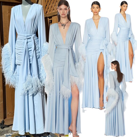 🆕 BRONX & BANCO 🧿 NWOT Geisha Feather-Trim Maxi Dress, Powder Blue - Sz M US 6 - Picture 1 of 17